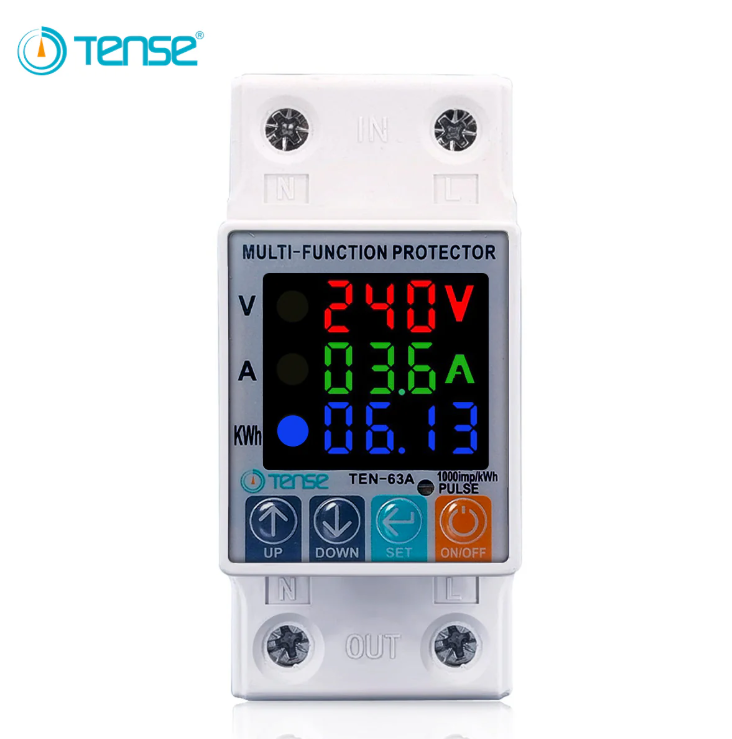 Tense TEN-63VA 5in1 Adjustable Over & Under Voltage Protector Ampere Protector with Unit(KWh) Lock